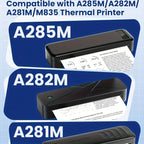 Bandeau de compatibilité avec les imprimantes thermiques A285M, A282M, A281M et M835, illustré par trois modèles noirs