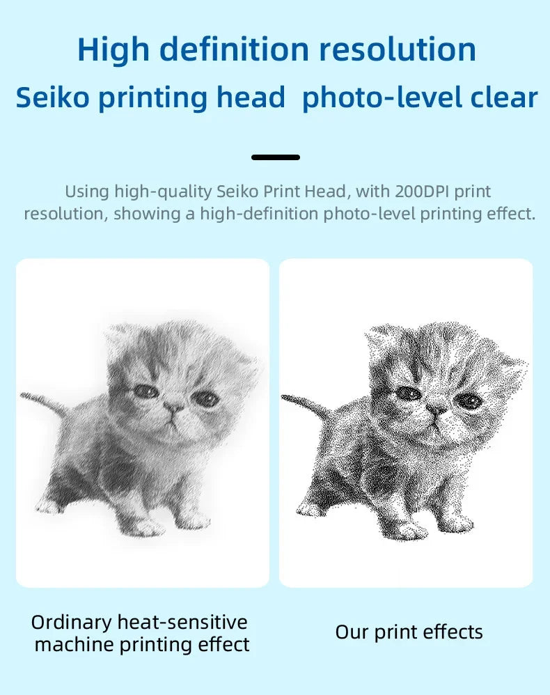 Comparatif de deux portraits de chaton imprimés : rendu d'une machine ordinaire face au rendu 200 DPI annoncé