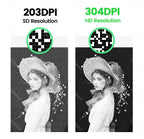 Comparatif de résolution : le même portrait imprimé en 203 DPI puis en 304 DPI, plus net à droite