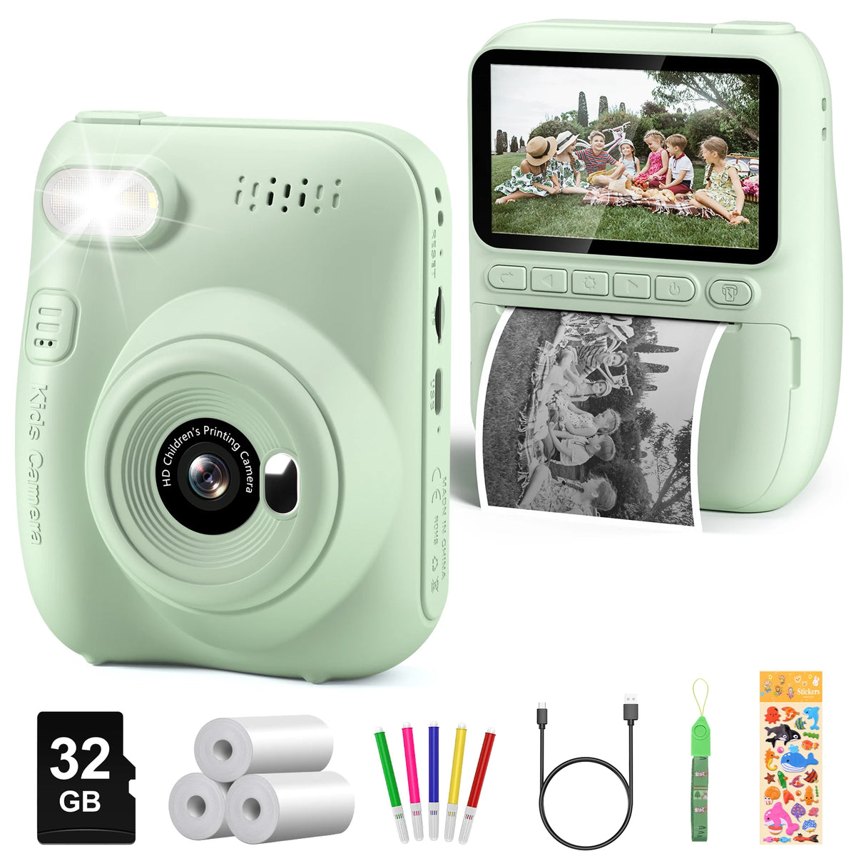 Appareil photo enfant vert menthe de face et de dos, accompagné de ses cinq feutres de couleur