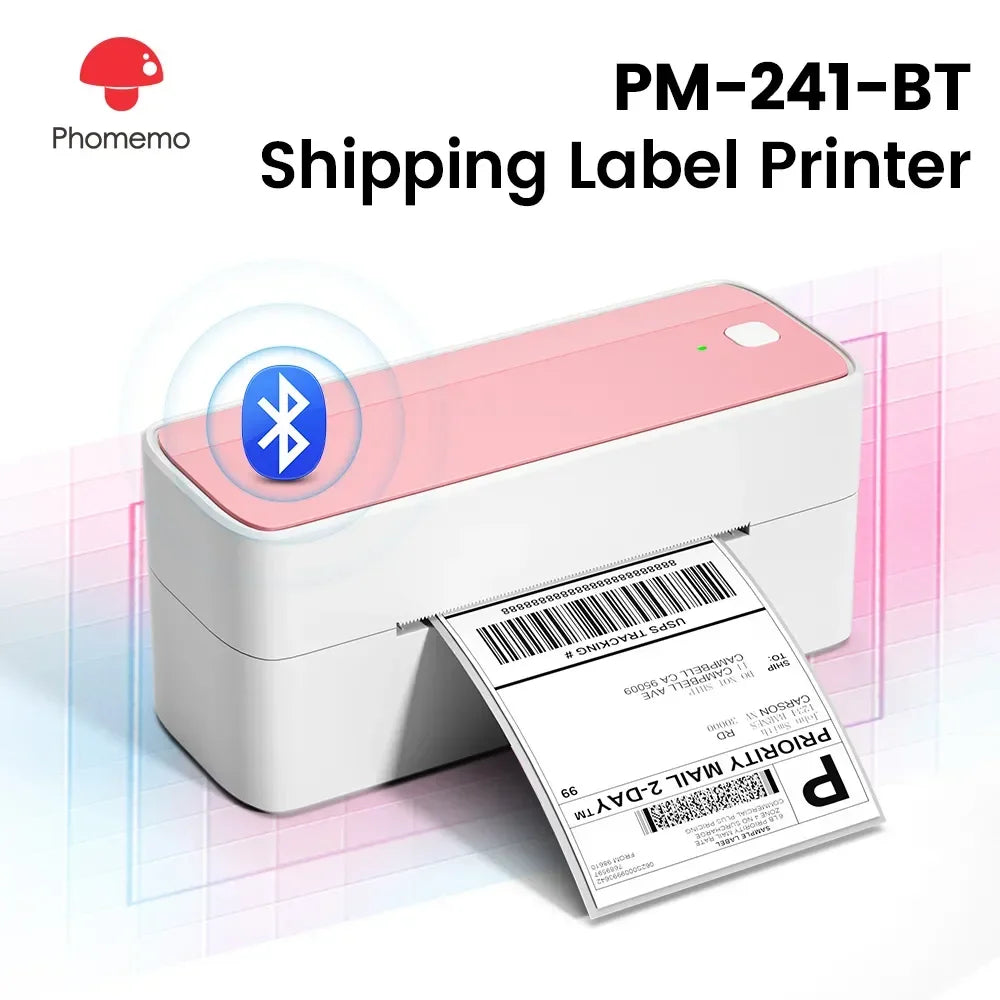 Bandeau titre PM-241-BT avec icône Bluetooth : l'imprimante rose édite une étiquette Priority Mail