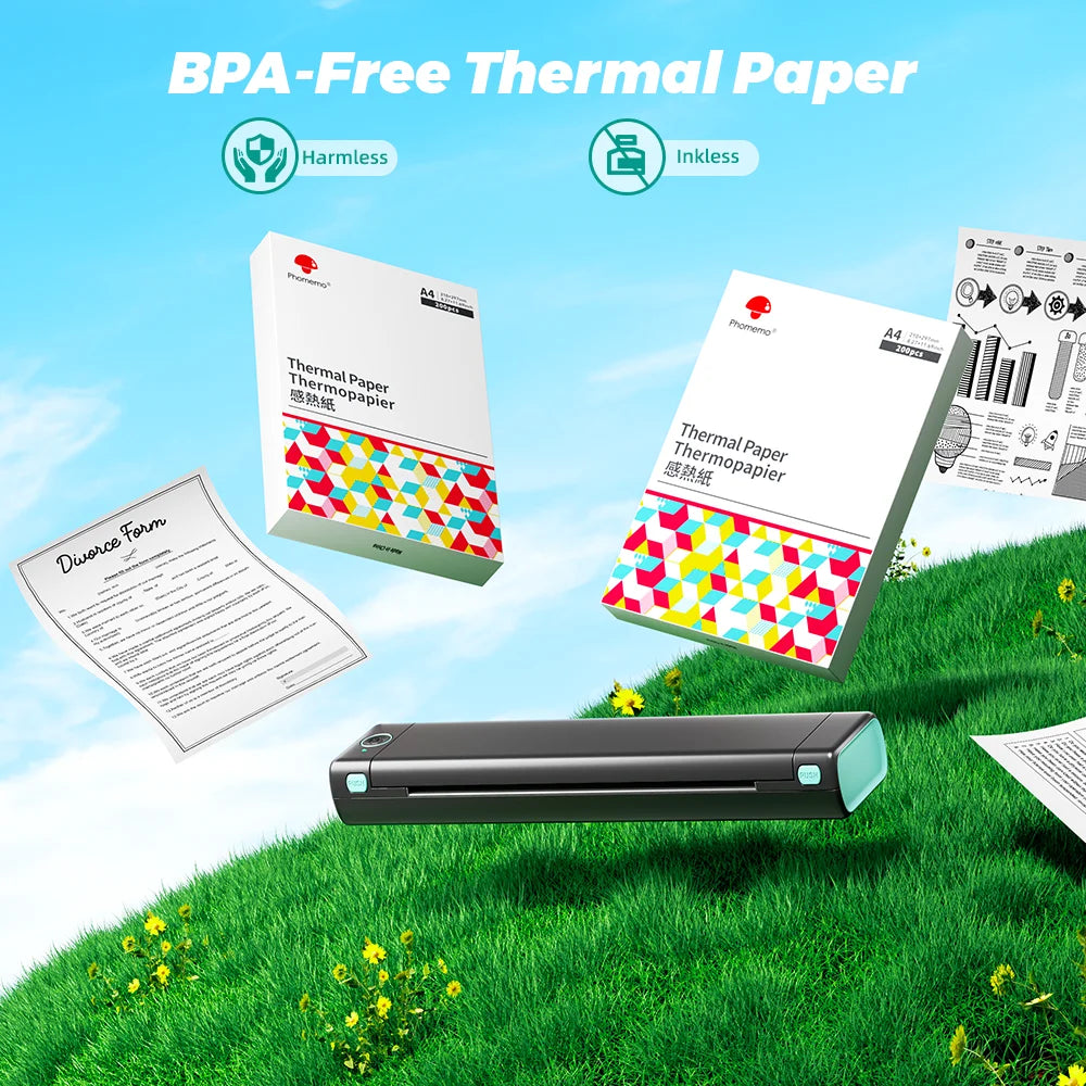 Deux ramettes de papier thermique A4 et feuilles imprimées flottant au-dessus d'une prairie