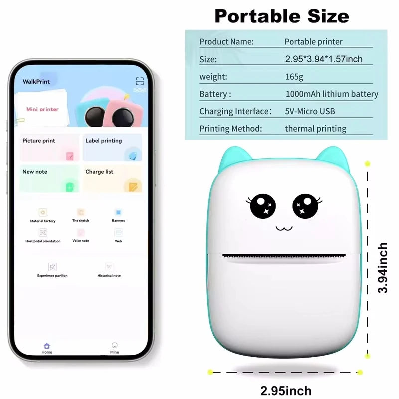 Tableau des caractéristiques : imprimante portable de 165 g, batterie lithium, micro-USB 5 V, thermique