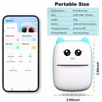 Fiche taille : imprimante de 165 g, batterie 1000 mAh, impression thermique, cotée 2,95 sur 3,94 pouces