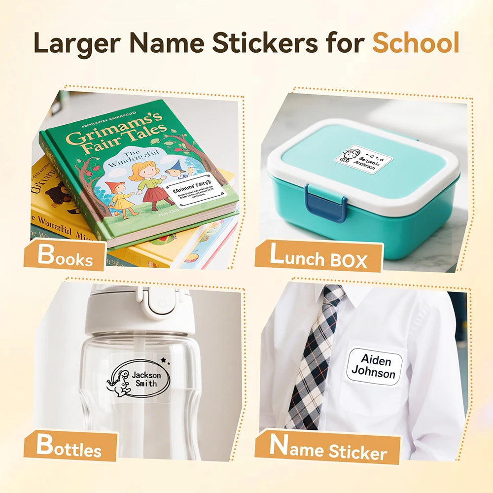 Étiquettes nominatives pour l'école collées sur un livre, une lunch box, une gourde et une chemise blanche