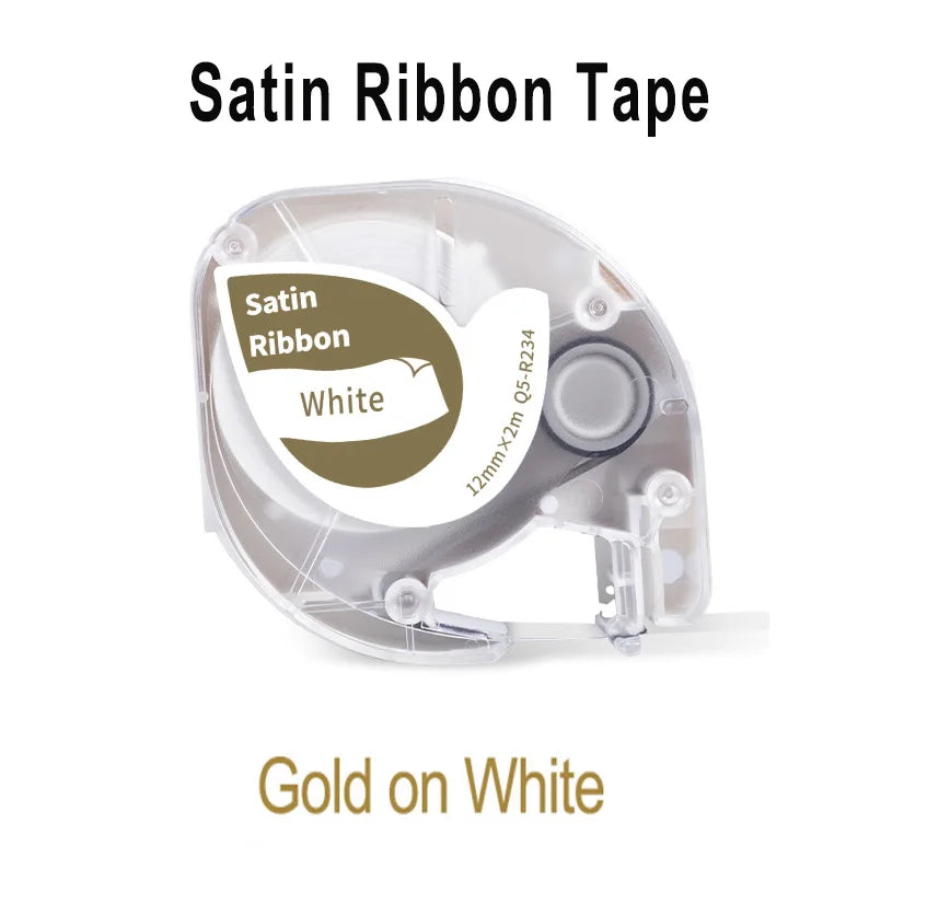 Cassette de ruban satin blanc, indiquée Gold on White pour une impression dorée sur fond blanc