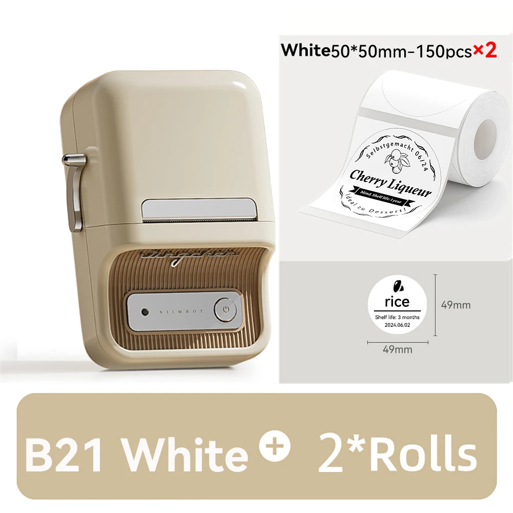 Imprimante B21 beige et deux rouleaux de 150 étiquettes rondes 50 x 50 mm, exemple « Cherry Liqueur » imprimé