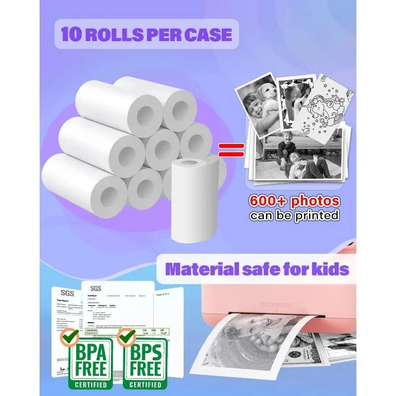 Rouleaux de papier thermique empilés et photos imprimées, avec les logos BPA Free et BPS Free