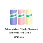Trois rouleaux d'étiquettes autocollantes violet, rose et jaune au format 57 x 25 mm, fermés par une bande verte OPEN