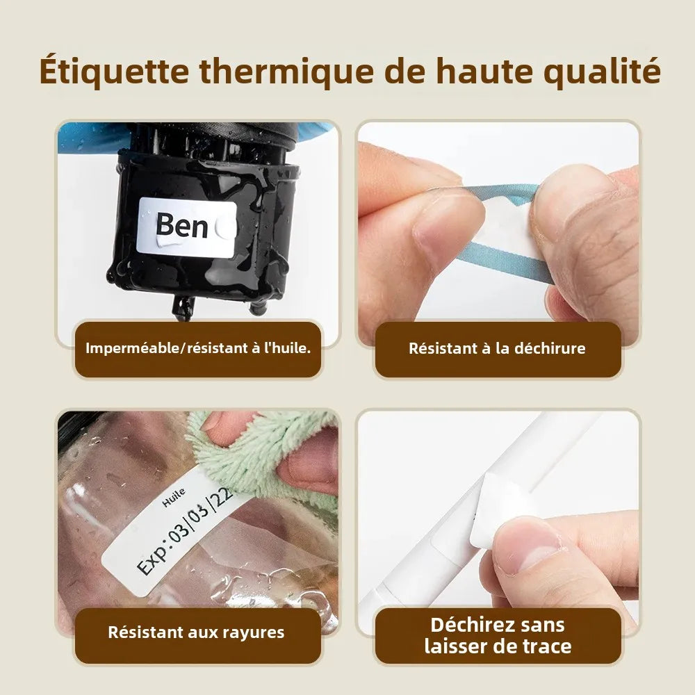 Quatre gros plans d'étiquettes résistantes à l'eau, à l'huile, à la déchirure et aux rayures