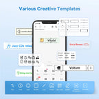 Écran de l'application affichant des modèles d'étiquettes et la barre d'outils texte, icône, bordure et QR code