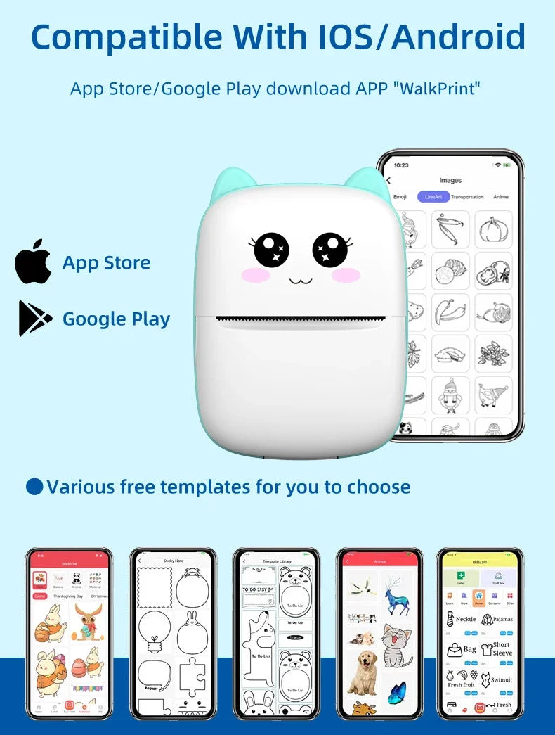 Imprimante à oreilles menthe, logos App Store et Google Play, et captures de la bibliothèque de modèles au trait