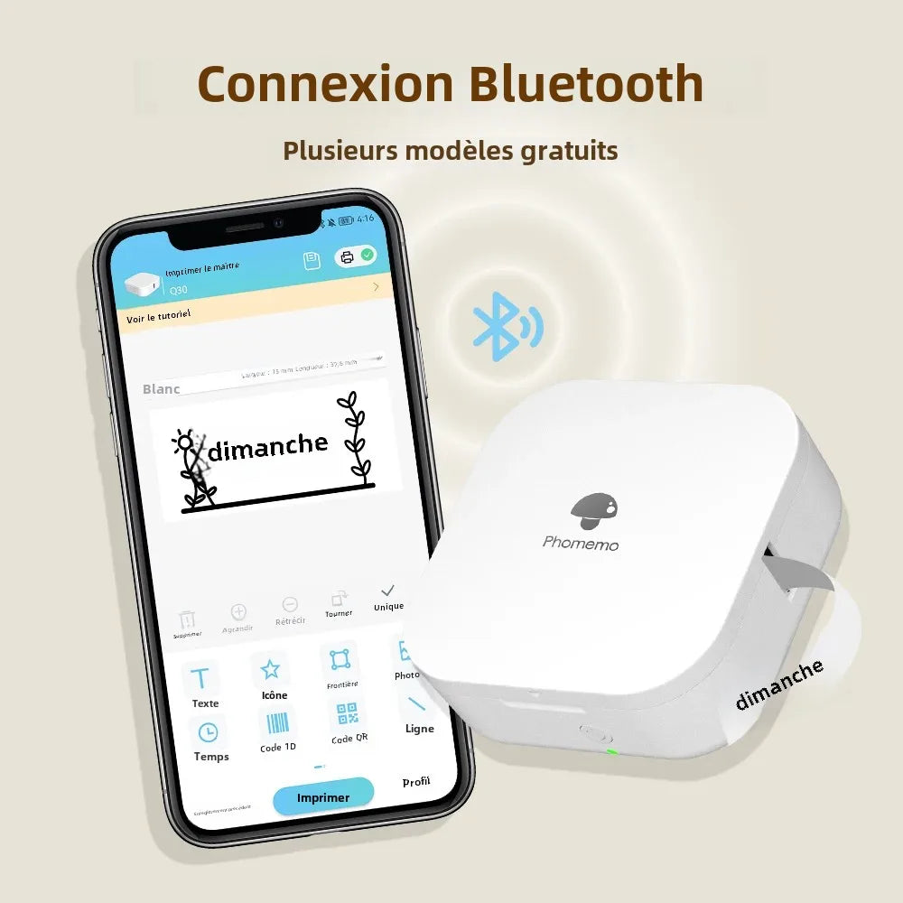 Smartphone relié en Bluetooth à l'imprimante blanche, affichant une étiquette « dimanche » dans l'application