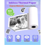 Grand rouleau blanc et photos imprimées, bandeau Inkless Thermal Paper et pictogramme Eco Friendly