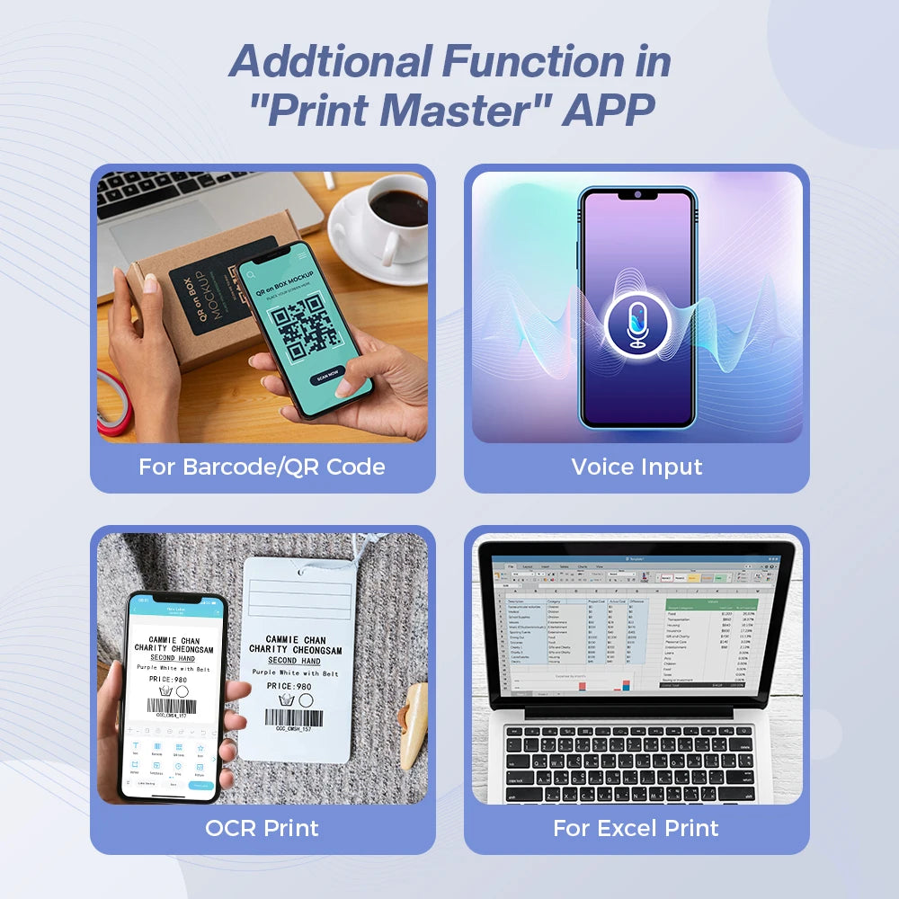 Quatre fonctions de l'application : codes-barres et QR, saisie vocale, impression OCR et depuis Excel