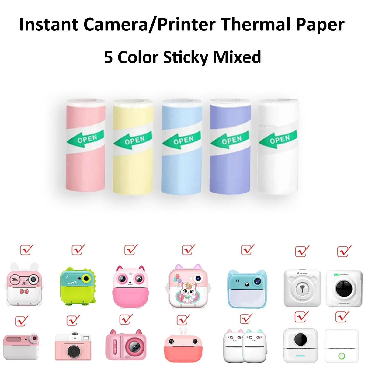 Cinq rouleaux de papier thermique auto-adhésif coloré et la liste des appareils compatibles