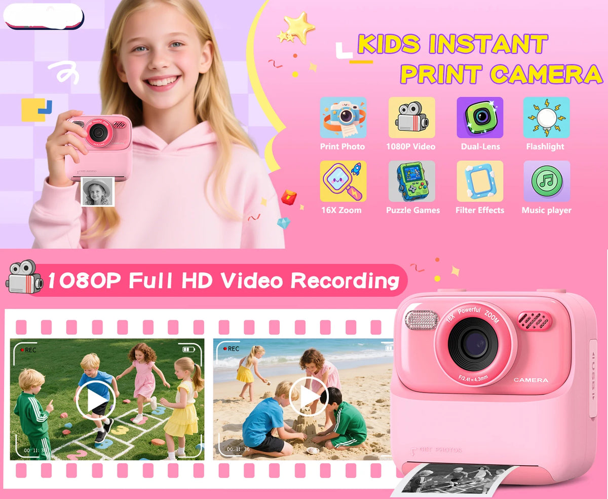 Fillette en sweat rose tenant l'appareil, huit icônes de fonctions et deux vidéos 1080p d'enfants au jardin et à la plage