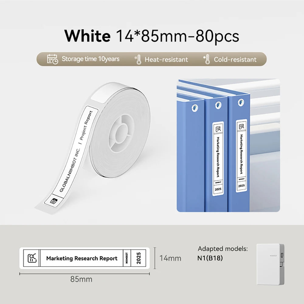 Rouleau d'étiquettes blanches 14 x 85 mm et classeurs bleus repérés Marketing Research Report 2025