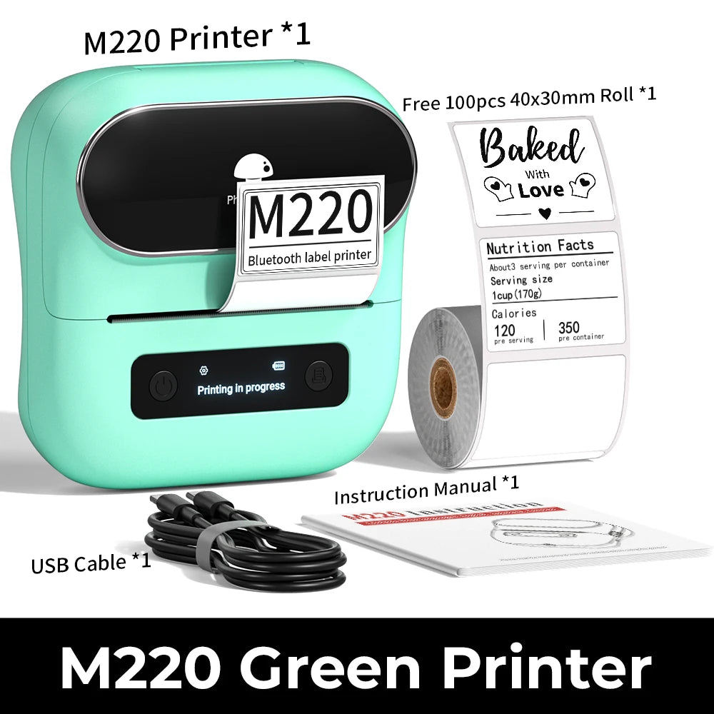 Imprimante vert menthe M220 livrée avec son rouleau d'étiquettes, son câble USB et sa notice