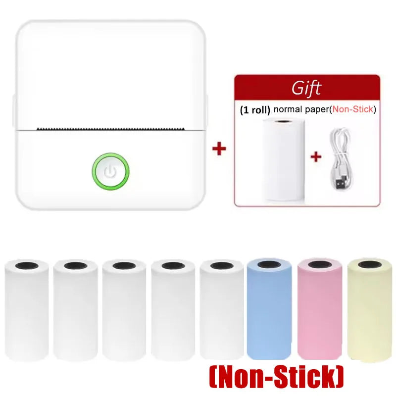 Imprimante blanche avec rouleau et câble offerts, au-dessus de cinq rouleaux blancs et trois rouleaux pastel