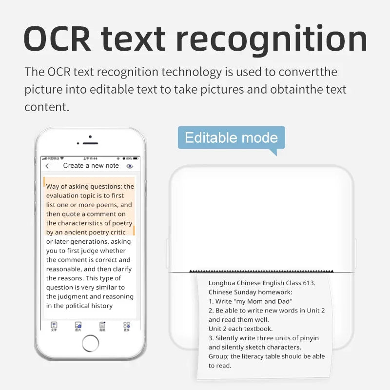 Reconnaissance de texte : écran de note sur smartphone et imprimante blanche sortant le texte converti