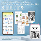 Captures de l'application WalkPrint et de ses fonctions, à côté de l'imprimante à oreilles roses