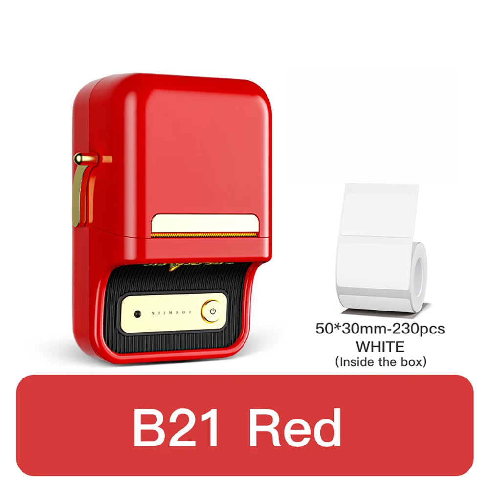 Imprimante B21 rouge seule, livrée avec un rouleau de 230 étiquettes blanches 50 x 30 mm déjà dans la boîte