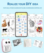 Smartphone et captures de l'application avec modèles à colorier, imprimante à oreilles roses imprimant une liste de courses