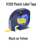 Cassette de bande plastique jaune référencée 91202, avec un extrait de ruban et la mention Black on Yellow