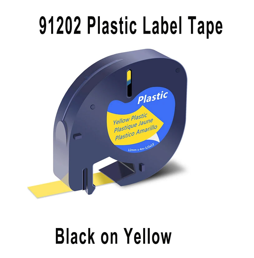 Cassette de bande plastique jaune référencée 91202, avec un extrait de ruban et la mention Black on Yellow