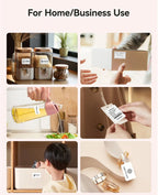 Six usages maison et pro : bocaux de cuisine, colis, bouteille d'huile, étiquette de prix, bac à jouets, bijoux