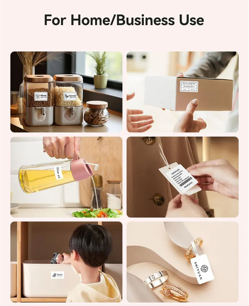 Six usages : bocaux de cuisine, colis, huilier, étiquette de prix, bac de rangement enfant et étiquette bijou