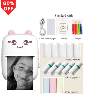 Imprimante blanche à oreilles roses livrée avec câble, rouleaux, stylos de couleur et boîte cadeau