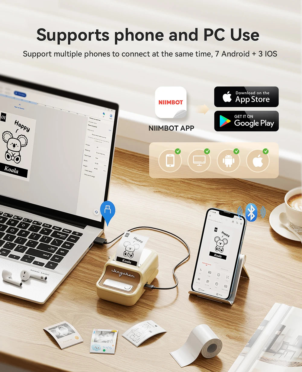Imprimante beige reliée à un ordinateur portable et à un téléphone, avec les logos App Store et Google Play
