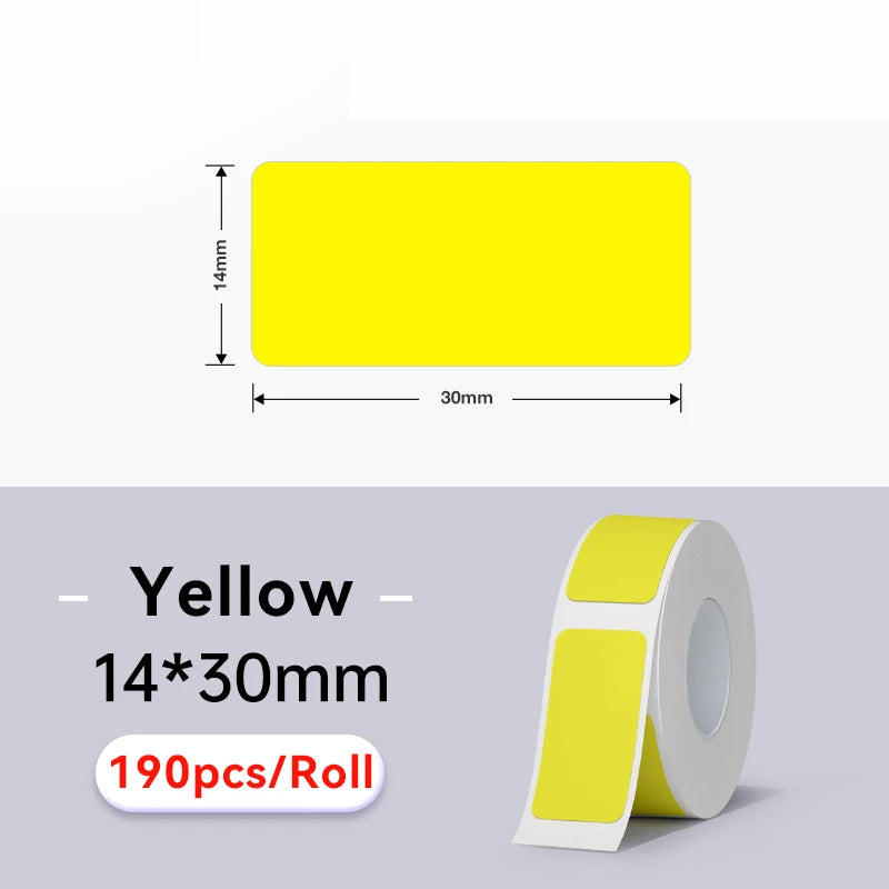Étiquette jaune de 14 x 30 mm cotée sur fond blanc, avec le rouleau de 190 étiquettes déroulé à côté