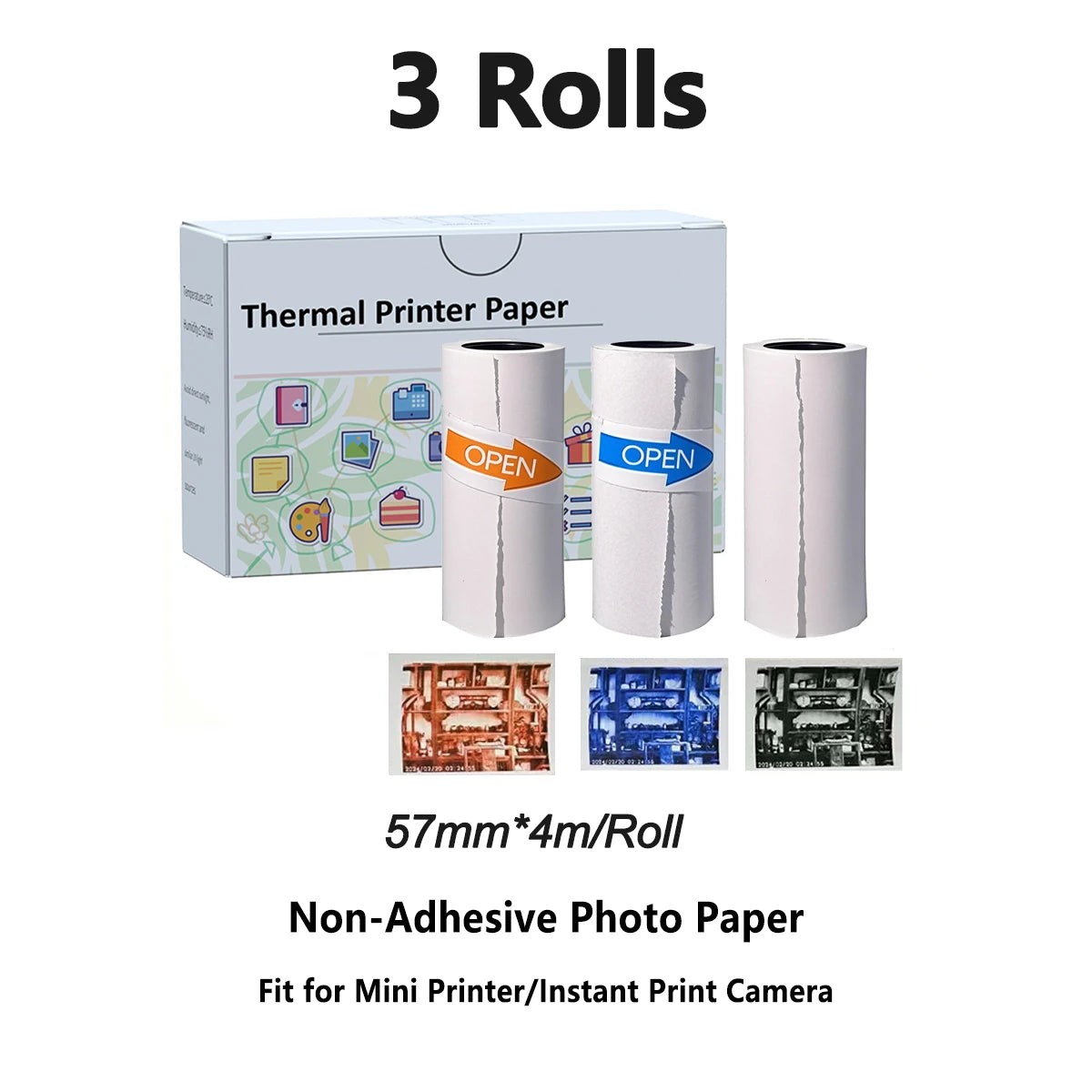 Boîte de trois rouleaux de papier photo non adhésif, 57 mm de large et 4 m par rouleau