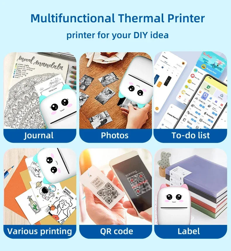 Six usages en images : carnet, photos, liste de tâches, impressions variées, QR code et étiquette