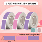 Trois rouleaux d'étiquettes violettes et roses, format 12 x 30 mm, 210 pièces par rouleau