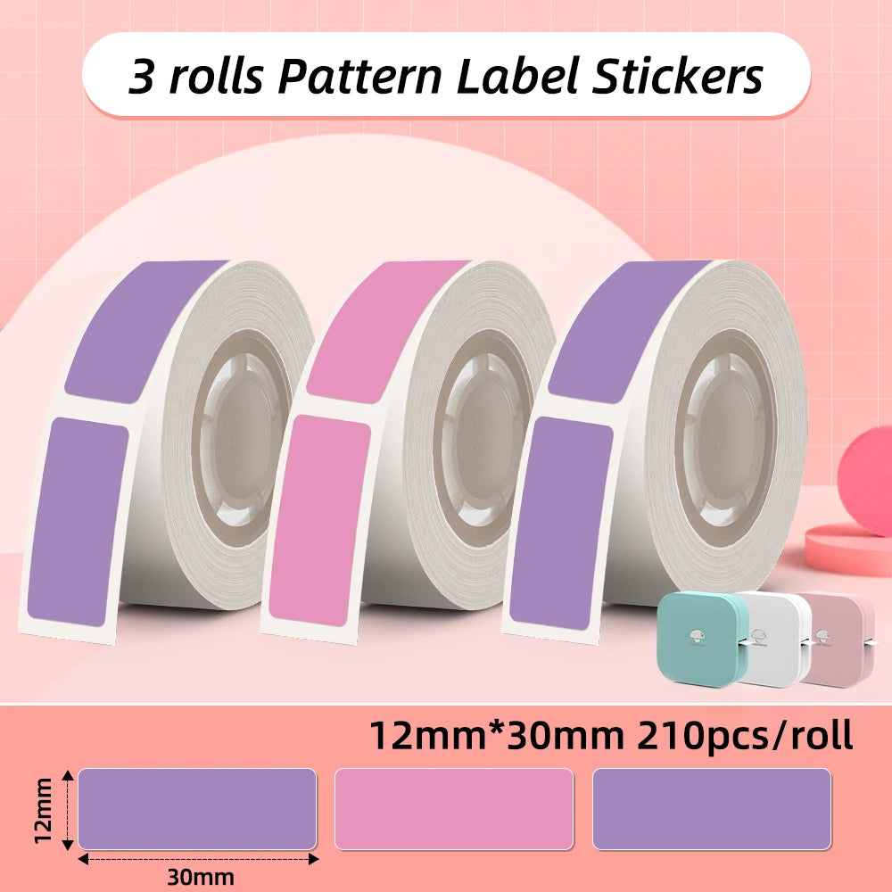 Trois rouleaux d'étiquettes violettes et roses, format 12 x 30 mm, 210 pièces par rouleau