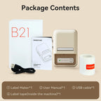 Contenu du coffret : boîte B21, mode d'emploi, imprimante crème, câble USB et rouleau d'étiquettes