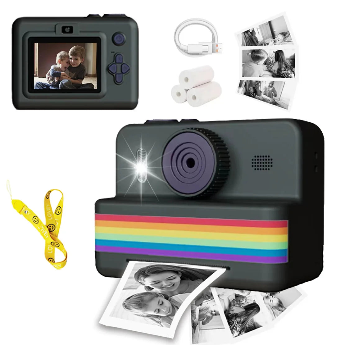 Appareil photo noir avec dragonne jaune, câble USB, trois rouleaux de papier et photos imprimées
