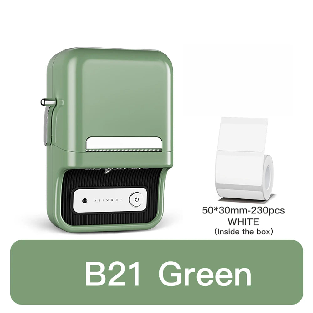 Imprimante B21 vert sauge seule, avec le rouleau de 230 étiquettes blanches 50 x 30 mm fourni dans la boîte