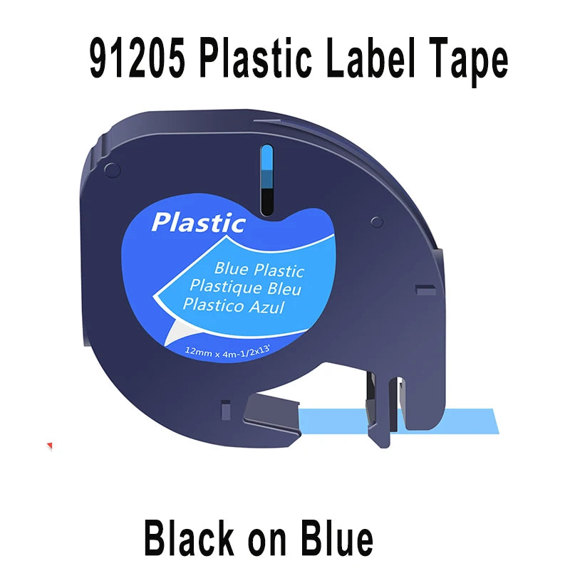Cassette de bande plastique bleue référencée 91205, avec un extrait de ruban et la mention Black on Blue