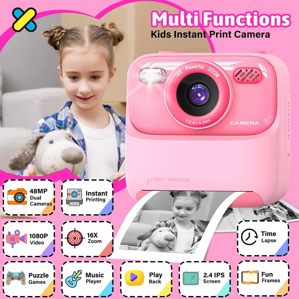 Fillette avec sa peluche et l'appareil rose, entourés des icônes de fonctions : photo, vidéo, zoom, jeux