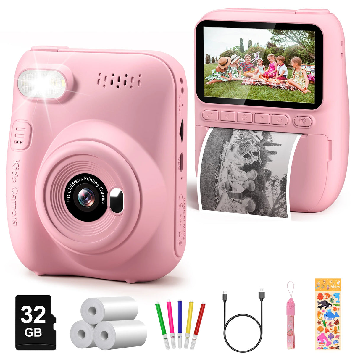 Appareil photo enfant rose de face et de dos, écran sur une photo de pique-nique et tirage qui sort