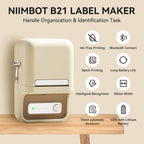 Imprimante ivoire entourée de huit pictogrammes : Bluetooth, impression par lot, batterie 1200 mAh, largeur 50 mm