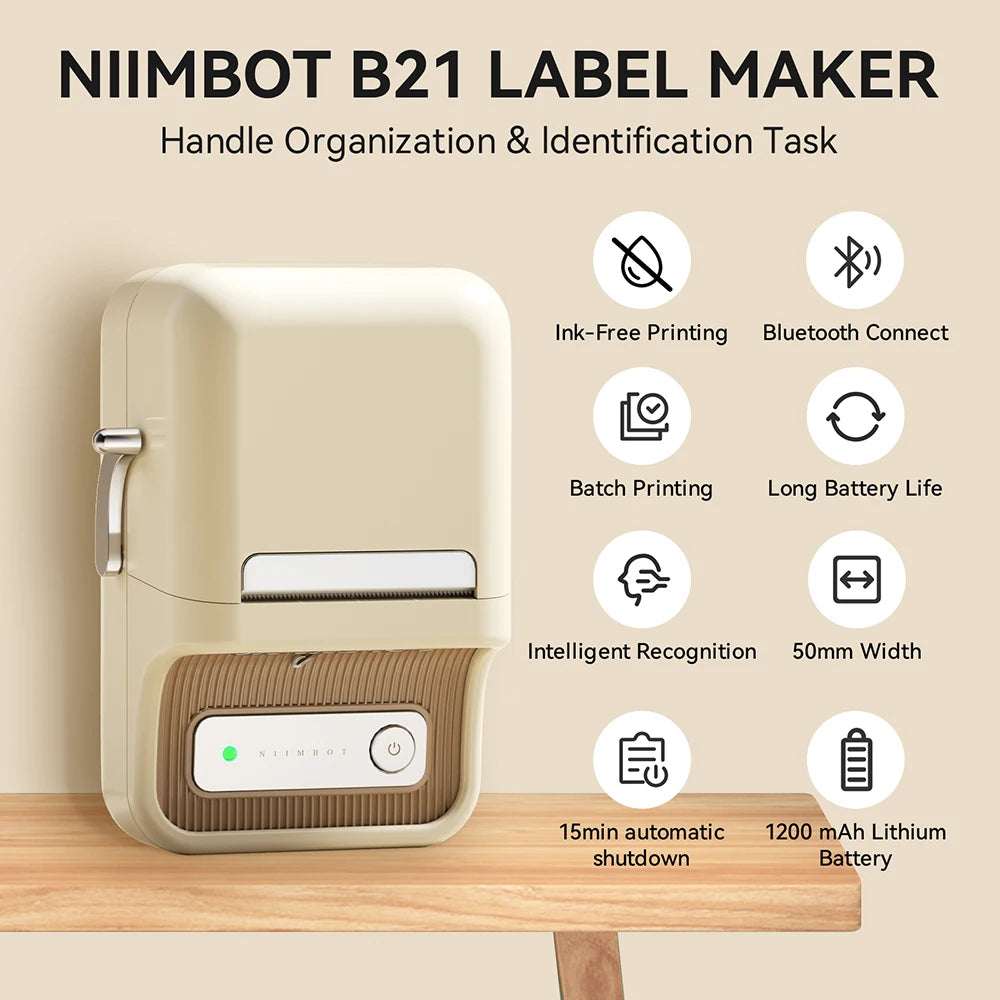 Imprimante ivoire entourée de huit pictogrammes : Bluetooth, impression par lot, batterie 1200 mAh, largeur 50 mm