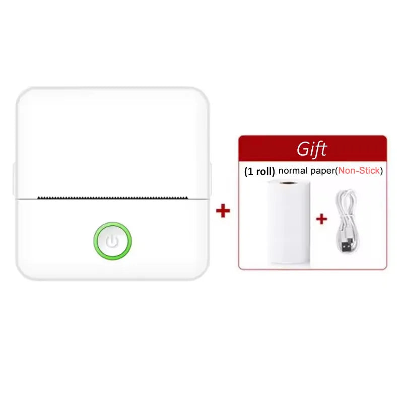 Imprimante thermique blanche présentée seule à côté de l'encart cadeau, rouleau de papier et câble USB