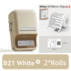 Imprimante B21 beige et deux rouleaux de 95 grandes étiquettes 50 x 80 mm, exemple de badge nominatif 80 x 50 mm