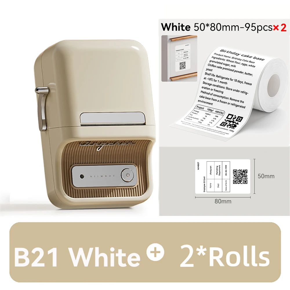 Imprimante beige à façade dorée, deux rouleaux 50x80 mm et une étiquette d'ingrédients de gâteau déroulée